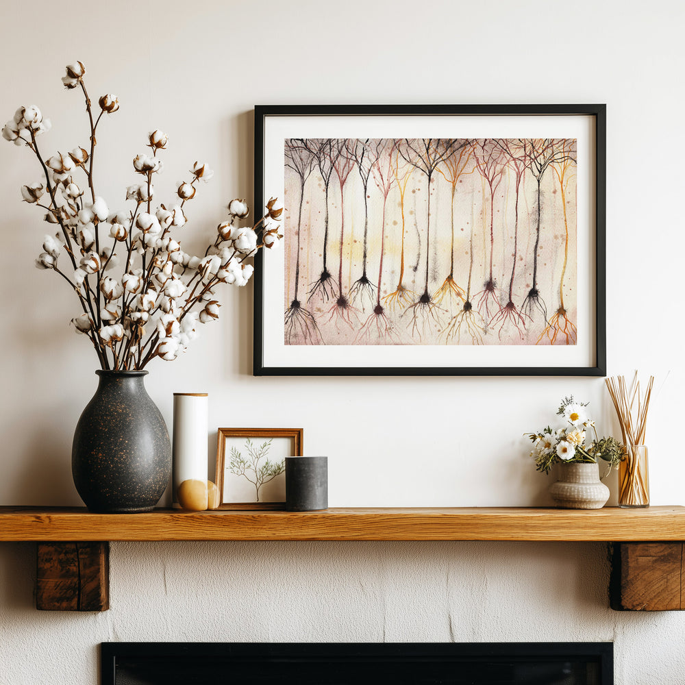 pyramidal neurons watercolor art print framed