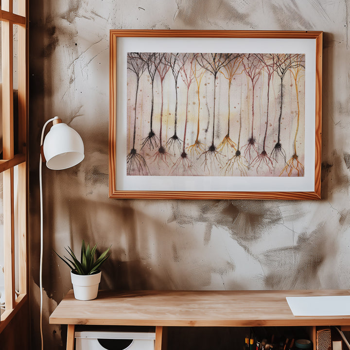 pyramidal neurons watercolor art print framed