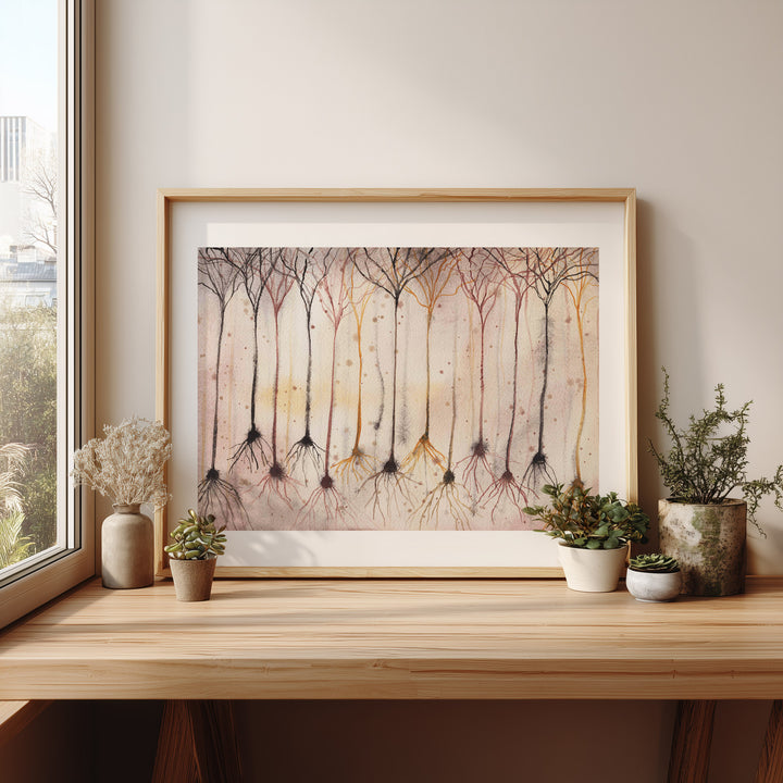pyramidal neurons watercolor art print framed