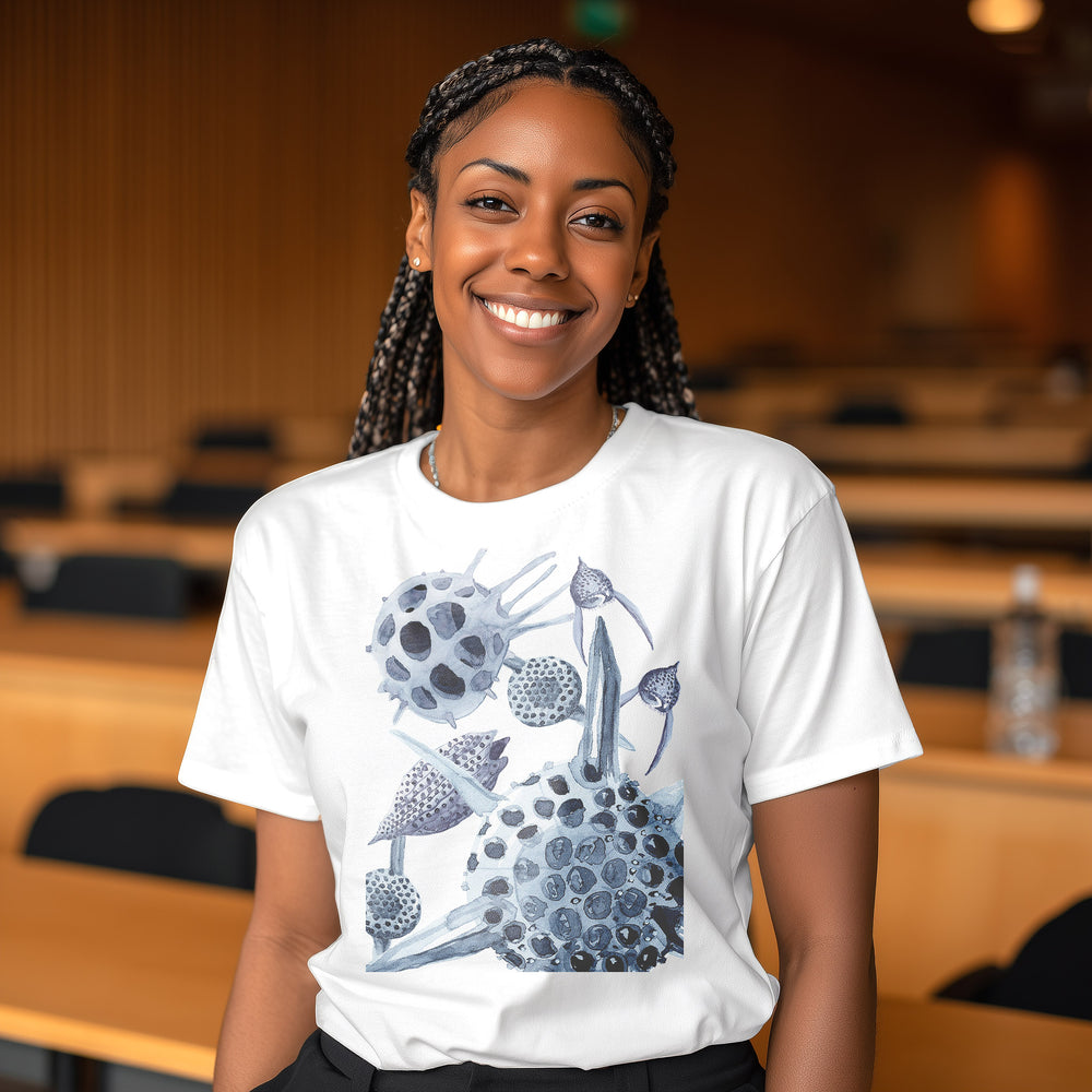 radiolaria tshirt in white, worn by a female black model in a lecture hall
