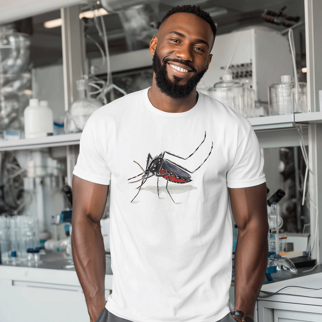 tiger mosquito t-shirt on male model in laboratory
