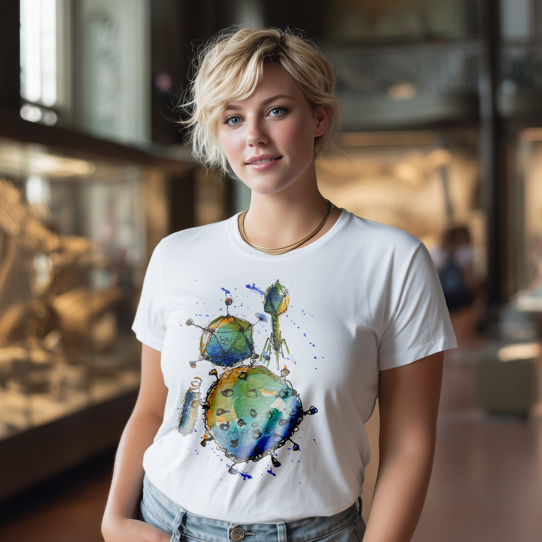 abstract virus design t-shirt, white shirt
