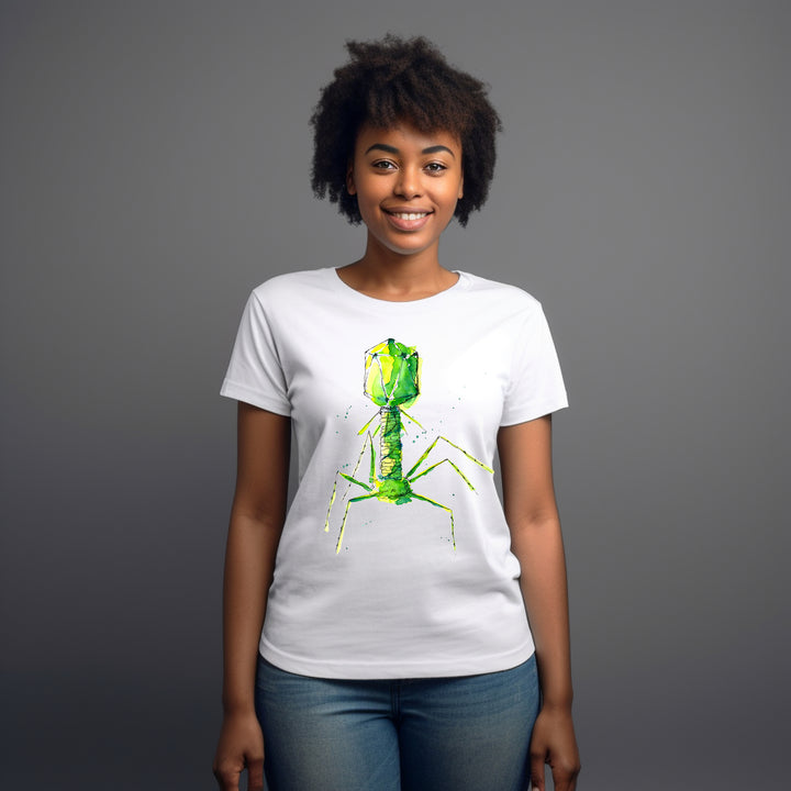 bacteriophage design on white t-shirt by ontogenie, female model