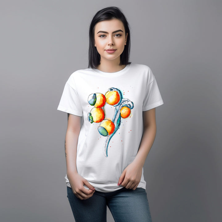 zebrafish development abstract watercolor painting on white tshirt with female model by ontogenie