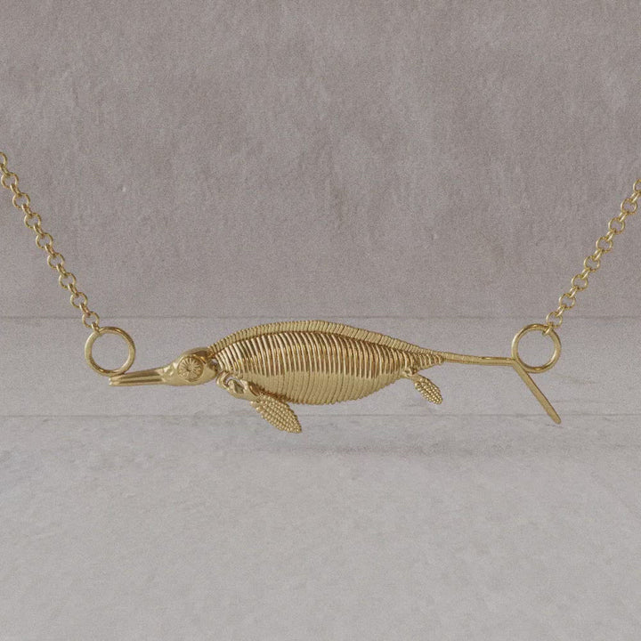 ichthyosaur pendant 14K gold plated brass rotation video Ontogenie Science Jewelry