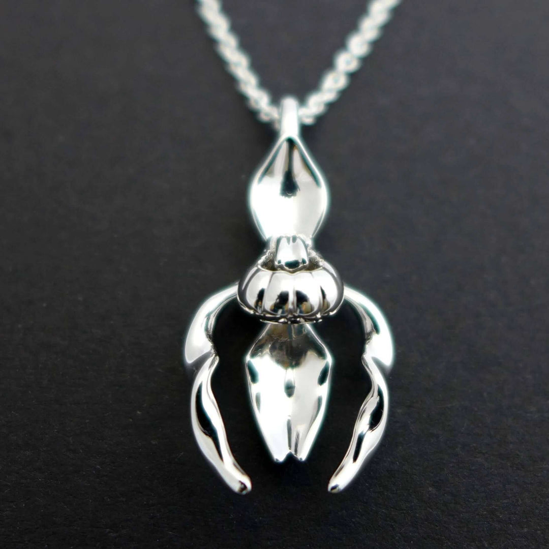 cypripedium lady's slipper orchid pendant in silver ontogenie science jewelry