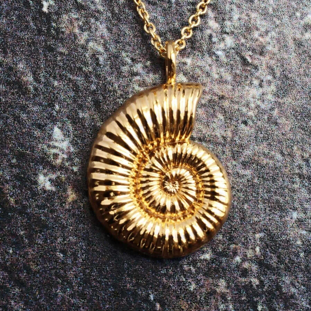Ammonite Fossil Pendant, gold reversible 3d Printed necklace by [Ontogenie Science Jewelry]