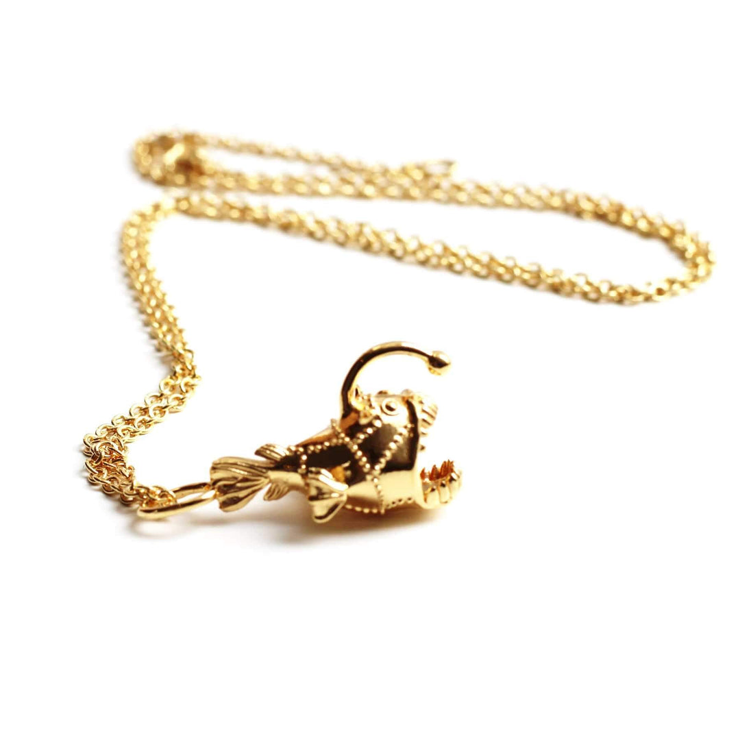 deep sea marine anglerfish necklace in 14K gold plated brass by ontogenie science jewelry