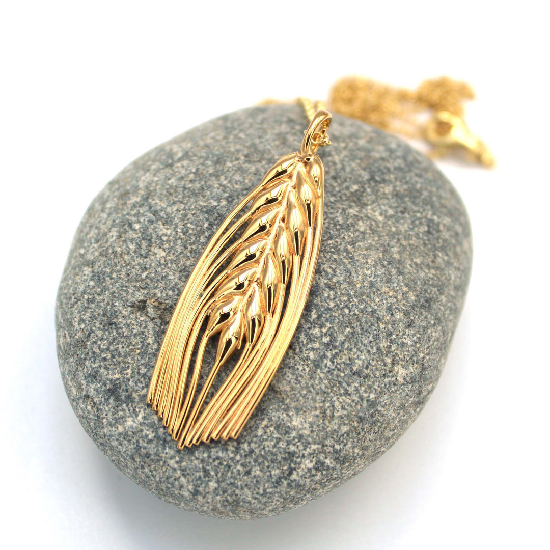 Barley seed head Necklace in 14K gold plated brass by Ontogenie Science Jewelry