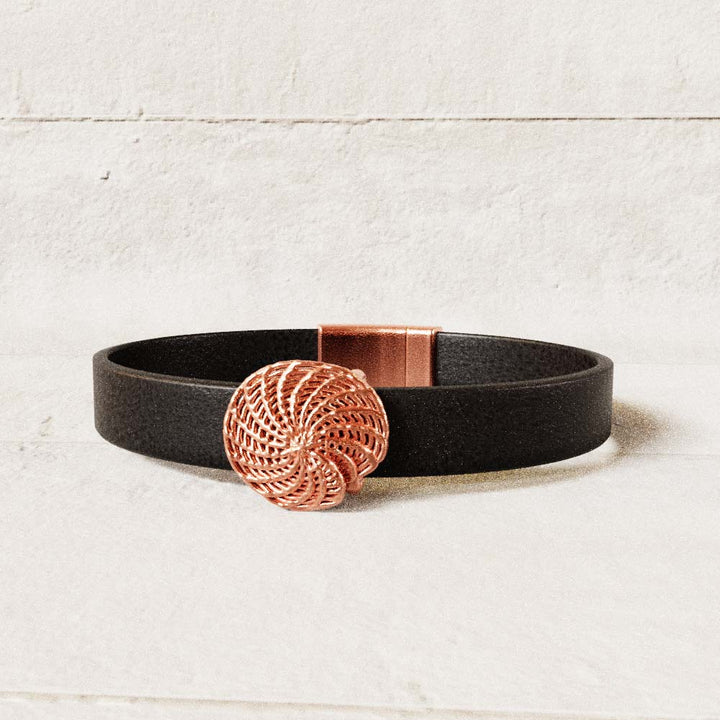 copper elphidium bracelet with black leather band computer render Ontogenie