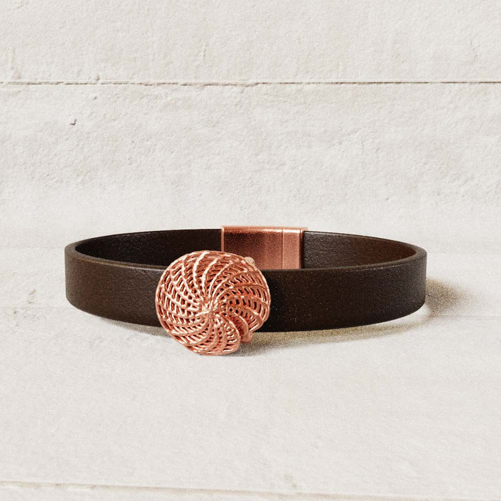 copper elphidium bracelet with dark brown leather band computer render Ontogenie