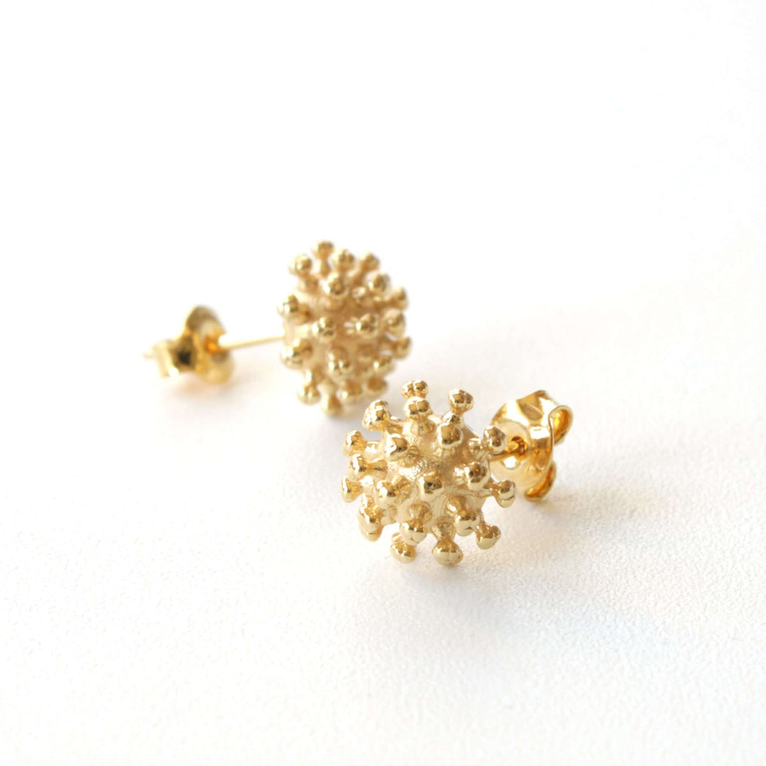 Coronavirus Stud Earrings in 14K gold plated brass, microbiology jewelry by Ontogenie