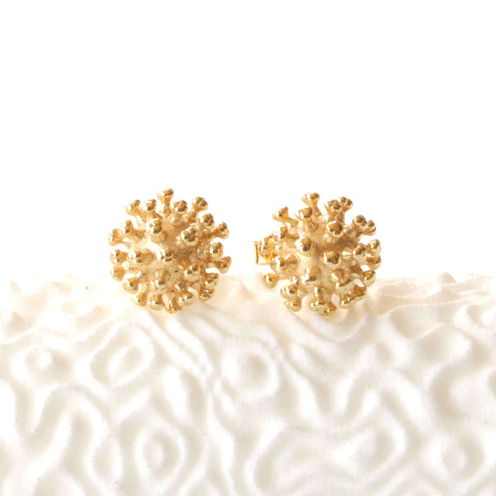 Coronavirus Stud Earrings in 14K gold plated brass, microbiology jewelry by Ontogenie