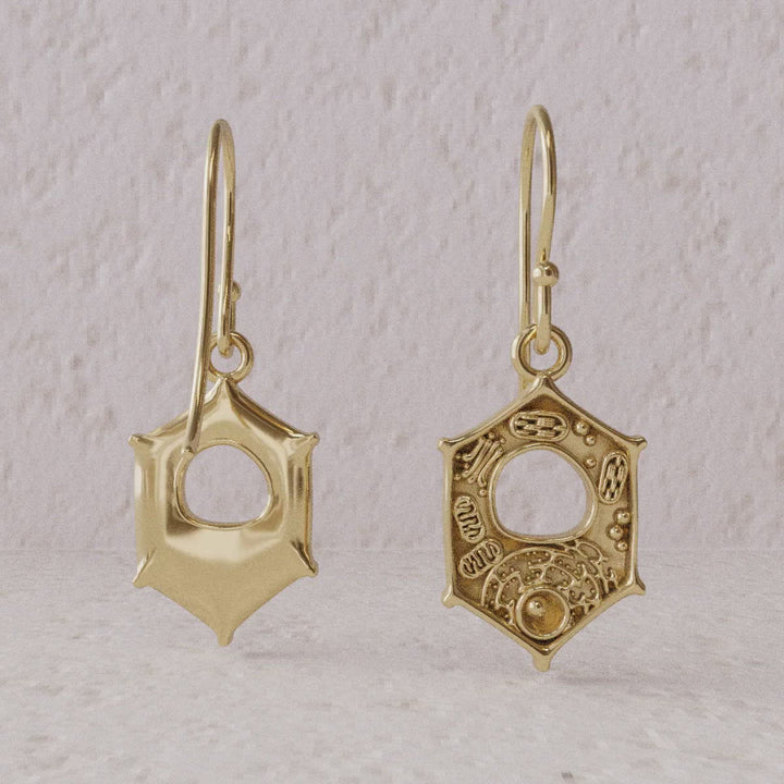 computer render rotation of plant cell earrings in gold plated brass by Ontogenie Science Jewelry