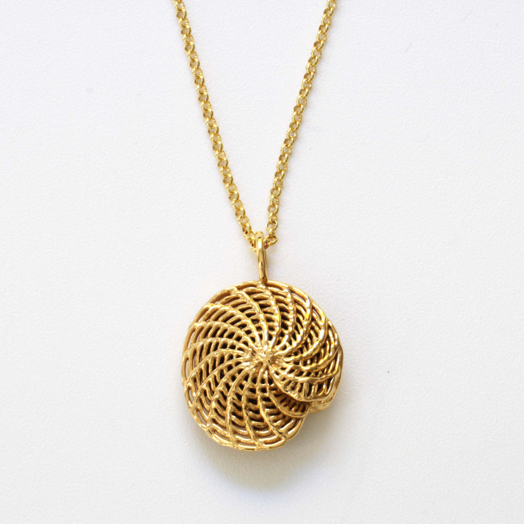 Foraminifera Elphidium pendant in 14K gold plated brass by Ontogenie Science Jewelry