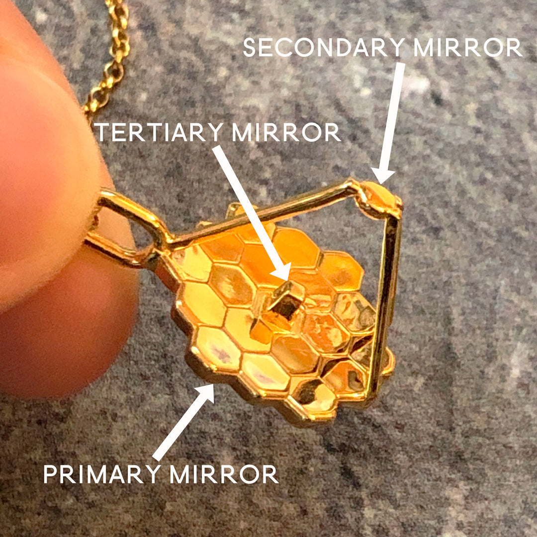 Space Telescope Pendant by Ontogenie in 14K goldplated brass