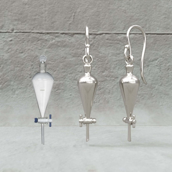 Computer render of Separatory Funnel Chemistry Earrings in sterling silver by Ontogenie Science Jewelry